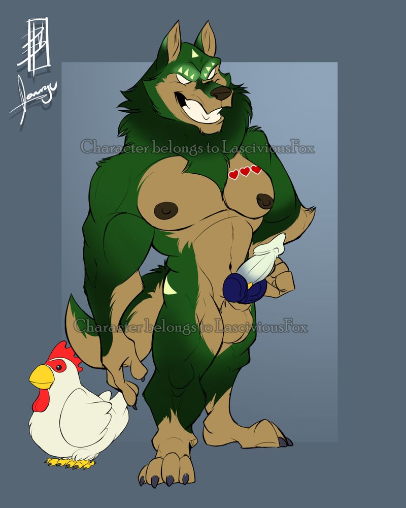 A grinning green anthro wolf with tan markins. He has triforce markings on his forehead and for his eyebrows, three red hearts tattooed over his heart, and a raging boner colored and sort of shaped like the Master Sword. His pet chicken is next to him.