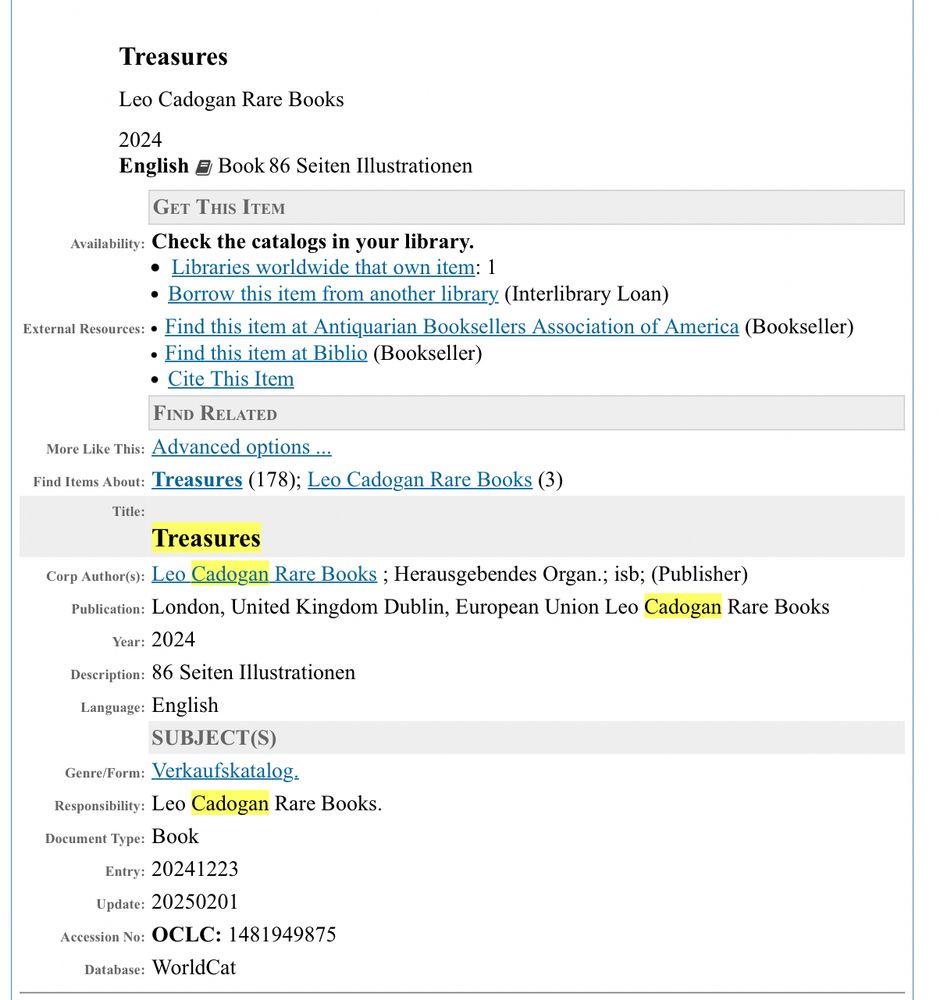 Screenshot of an OCLC entry for our Treasures catalogue.