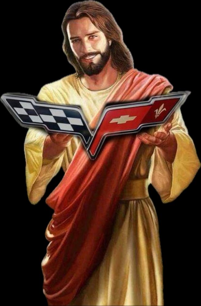 Blessed Corvette Crossed Flags, being held by Jesus