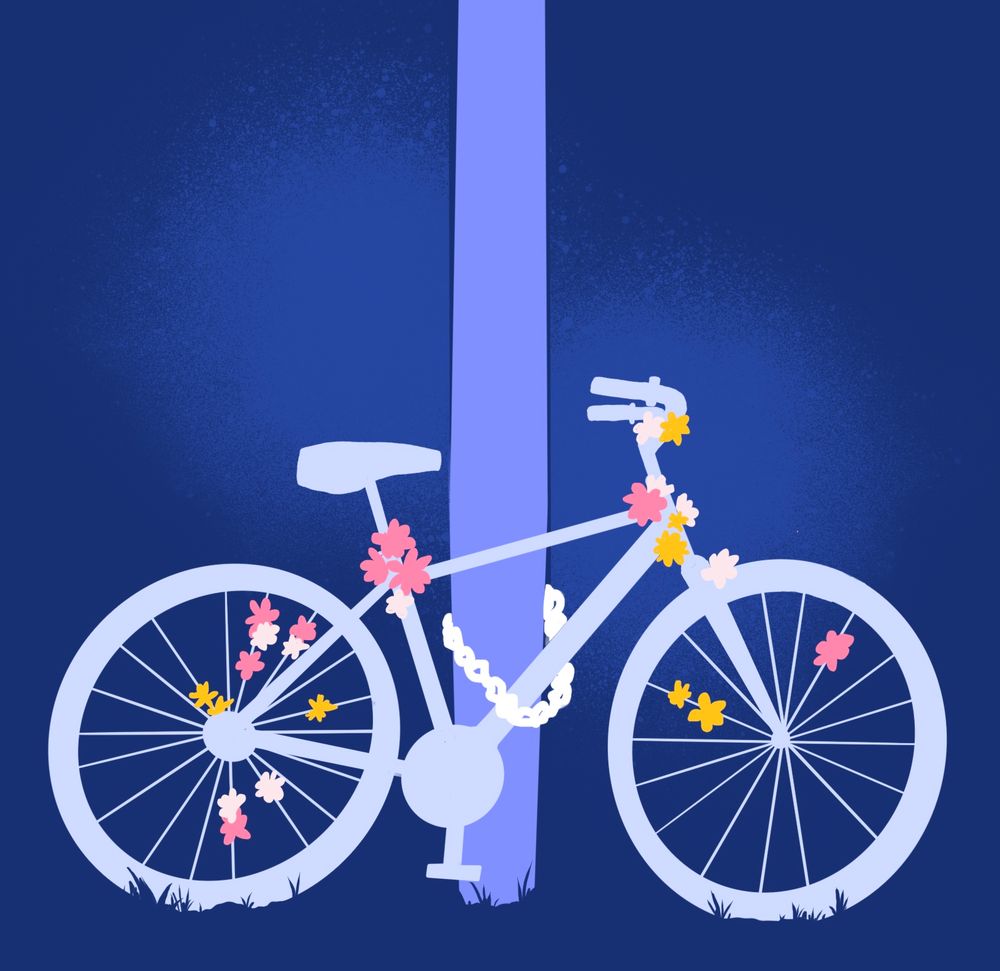 Illustration of a white bike, a ghost bike, covered in flowers locked to a post.