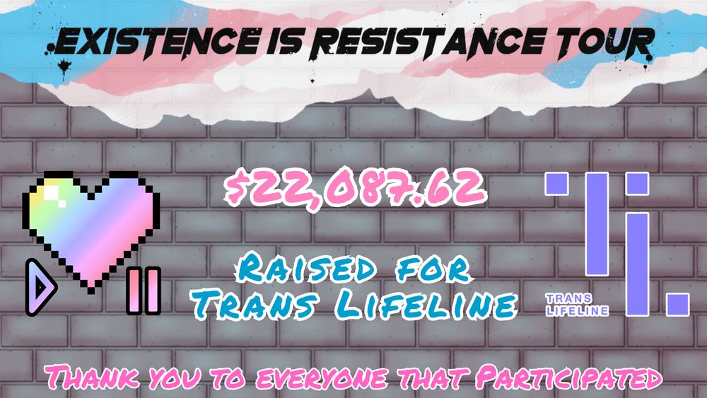 A pictures of the Diverse Hearts Logo, Trans Lifeline Logo and text that reads "Existence is resistance tour" "$22,087.62" "raised for trans lifeline" "thank you to everyone that participated."
