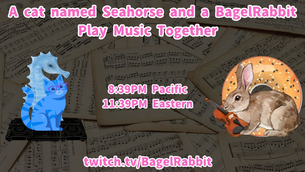 A picture of a seahorse behind a cat sitting on a DJ deck, with a rabbit in front of a bagel holding a violin. Text says "a cat named Seahorse and a BagelRabbit play music together"