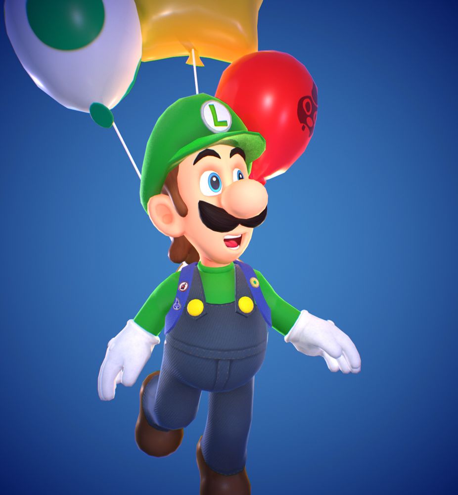 Close up of my fan Luigi model with Luigi floating with several balloons themed after various series items such as a star, and egg, and professor E Gadd