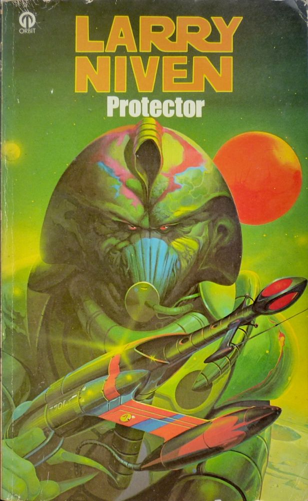 The cover for PROTECTOR by Larry Niven. Against a green sky dominated by a vivid red moon, a clawed, beaked alien hefts come kind of complex ray gun. The alien is wearing a space suit of some kind and staring at the reader with beady red eyes.
