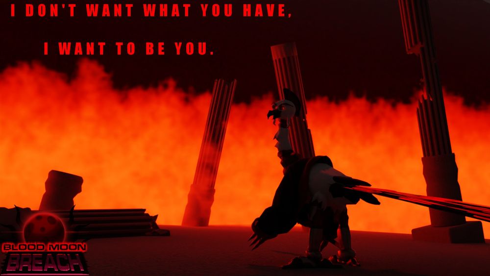 Imitheos, a character from Blood Moon: Breach, standing near a wreckage of broken columns and fire. Text at the top reads "I DON'T WANT WHAT YOU HAVE, I WANT TO BE YOU." Bottom left image is the logo for the game.