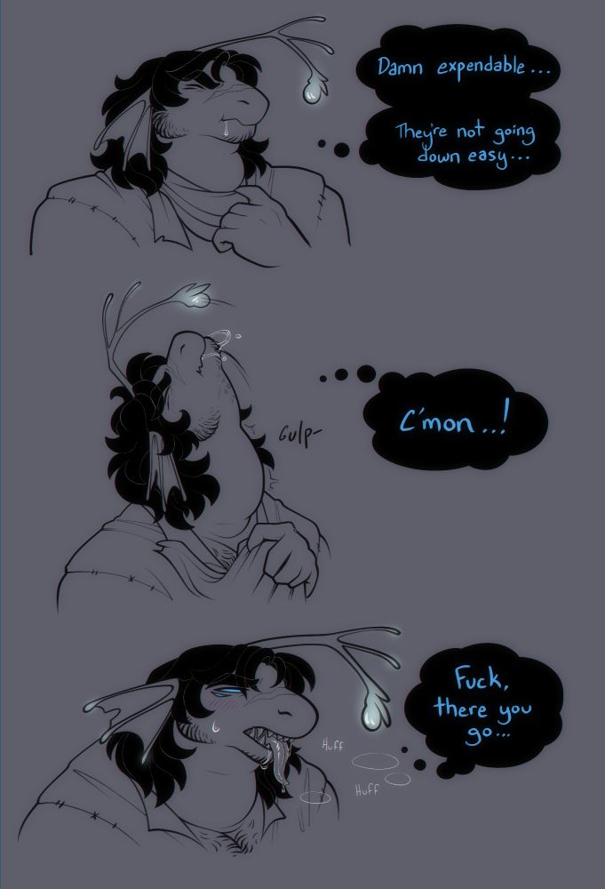 Three doodles sebastian struggling to swallow an expendable.