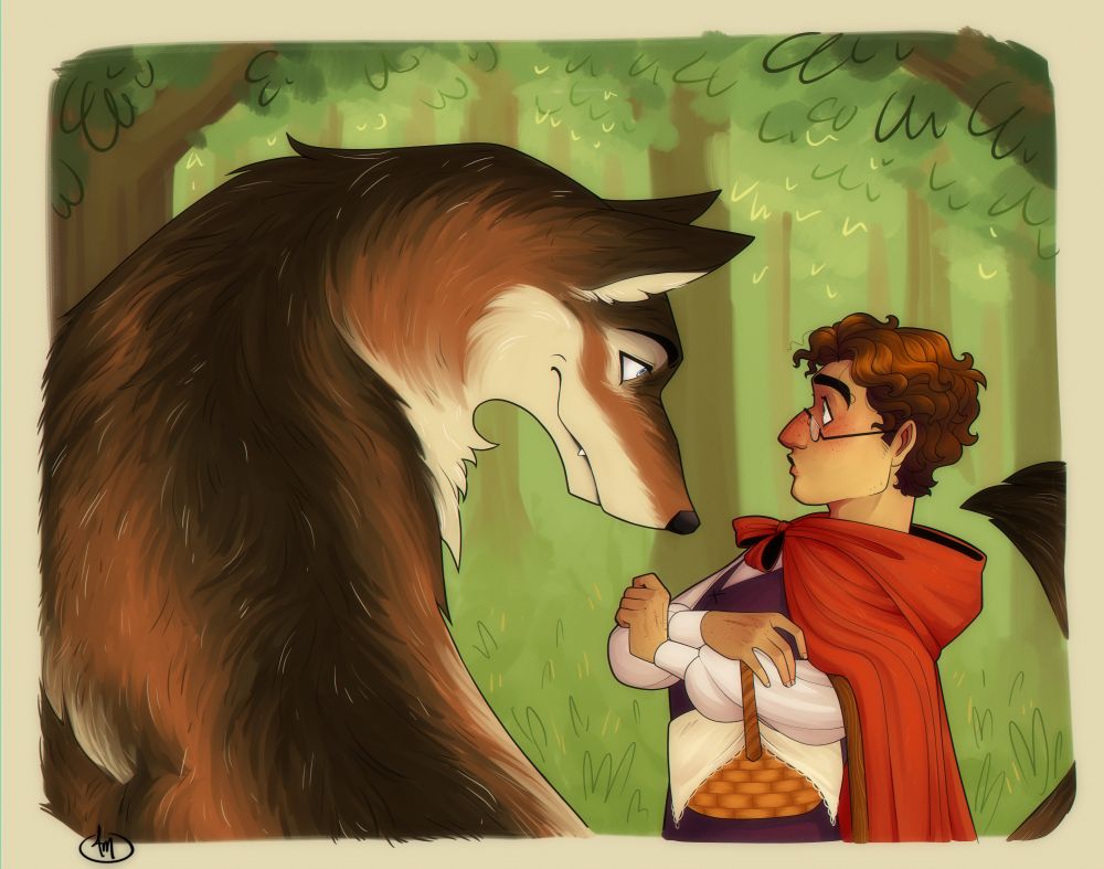A redrawing of LaurenIllustrated's little red riding hood piece, but with the subjects being Everett and Percy instead. The background is a heavily simplified sunny green forest, with Percy as the big bad wolf and everett as little red in the foreground. Percy looms over Everett, smiling and making intense eye-contact. Everett stares back, looking shocked and nervous. He also holds a hand protectively over his basket. 