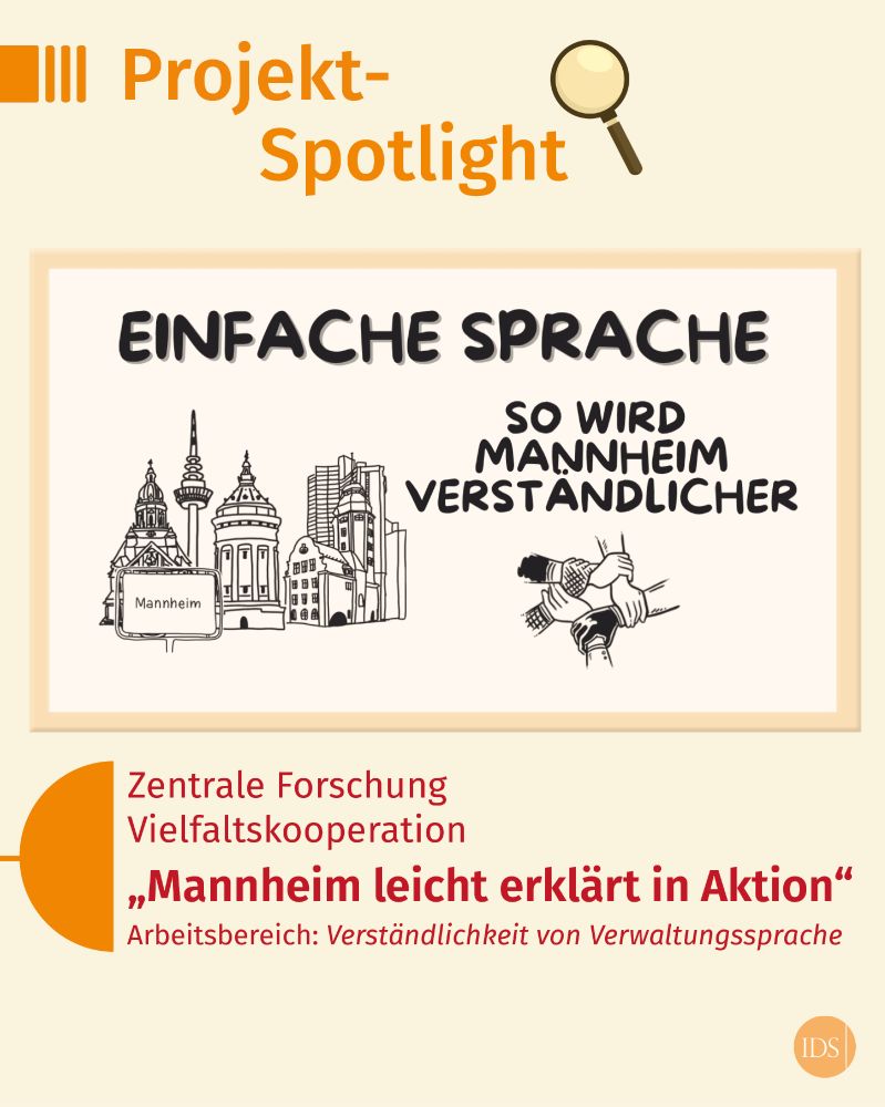Überschrift Projekt-Spotlight. Bild mit Zeichnungen von Mannheimer Sehenswürdigkeiten und einem Ortseingangsschild, 5 Händen, die sich jeweils an den Handgelenken fassen und der Text EINFACHE SPRACHE SO WIRD MANNHEIM VERSTÄNDLICHER. Unterüberschrift Zentrale Forschung Vielfaltskooperation "Mannheim leicht erklärt in Aktion“ Arbeitsbereich: Verständlichkeit von Verwaltungssprache