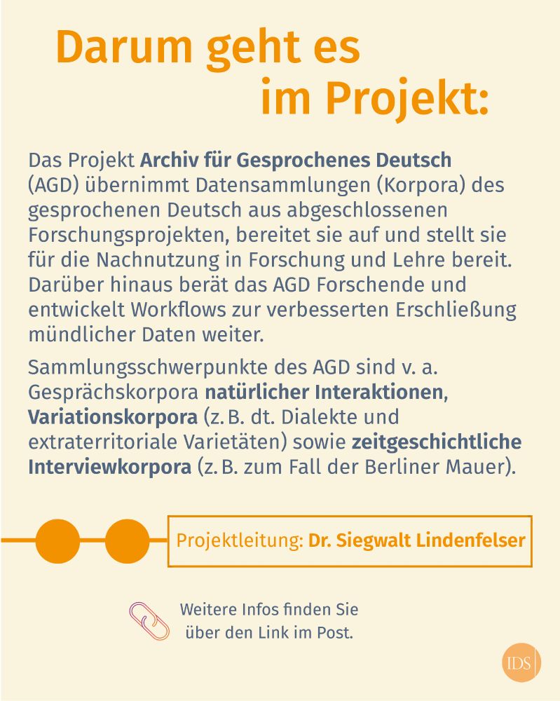 Grafik mit folgendem Text: Darum geht es im Projekt: Das Projekt Archiv für Gesprochenes Deutsch (AGD) übernimmt Datensammlungen (Korpora) desgesprochenen Deutsch aus abgeschlossenen Forschungsprojekten, bereitet sie auf und stellt sie für die Nachnutzung in Forschung und Lehre bereit. Darüber hinaus berät das AGD Forschende und entwickelt Workflows zur verbesserten Erschließung mündlicher Daten weiter.Sammlungsschwerpunkte des AGD sind v.a. Gesprächskorpora natürlicher Interaktionen, Variationskorpora (z. B. dt. Dialekte und extraterritoriale Varietäten) sowie zeitgeschichtliche Interviewkorpora (z. B. zum Fall der Berliner Mauer). Projektleitung: Dr. Siegwalt Lindenfelser