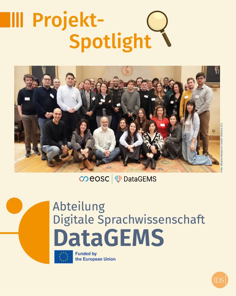 Grafik, die den Titel "Projekt-Spotlight" trägt, darunter ein Gruppenfoto der Projektbeteiligten beim Auftakttreffen im Januar 2025 in Athen. Darunter die Aufschrift: "Abteilung Digitale Sprachwissenschaft: DataGEMS, Funded by the European Union".
