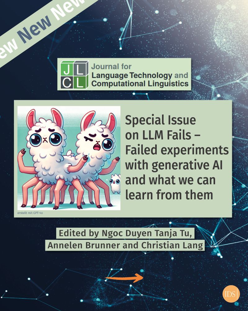 Grafik, die folgende Informationen listet: New: Journal for Language Technology and Computational Linguistics: Special Issue on LLM Fails – Failed experiments with generative AI and what we can learn from them. Edited by Ngoc Duyen Tanja Tu, Annelen Brunner and Christian Lang.