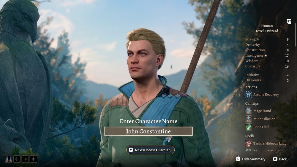 A screenshot showing the final steps of character creation from Baldurs Gate 3. The character is named after John Constantine, a DC comics character. 