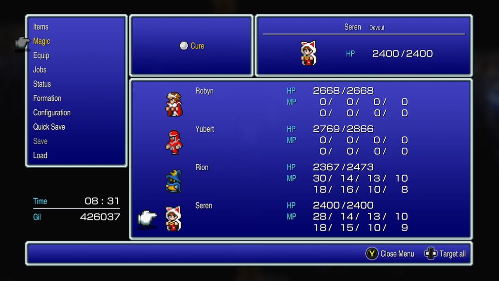 A screenshot showing my party composition in the video game Final Fantasy 3 Pixel Remaster 