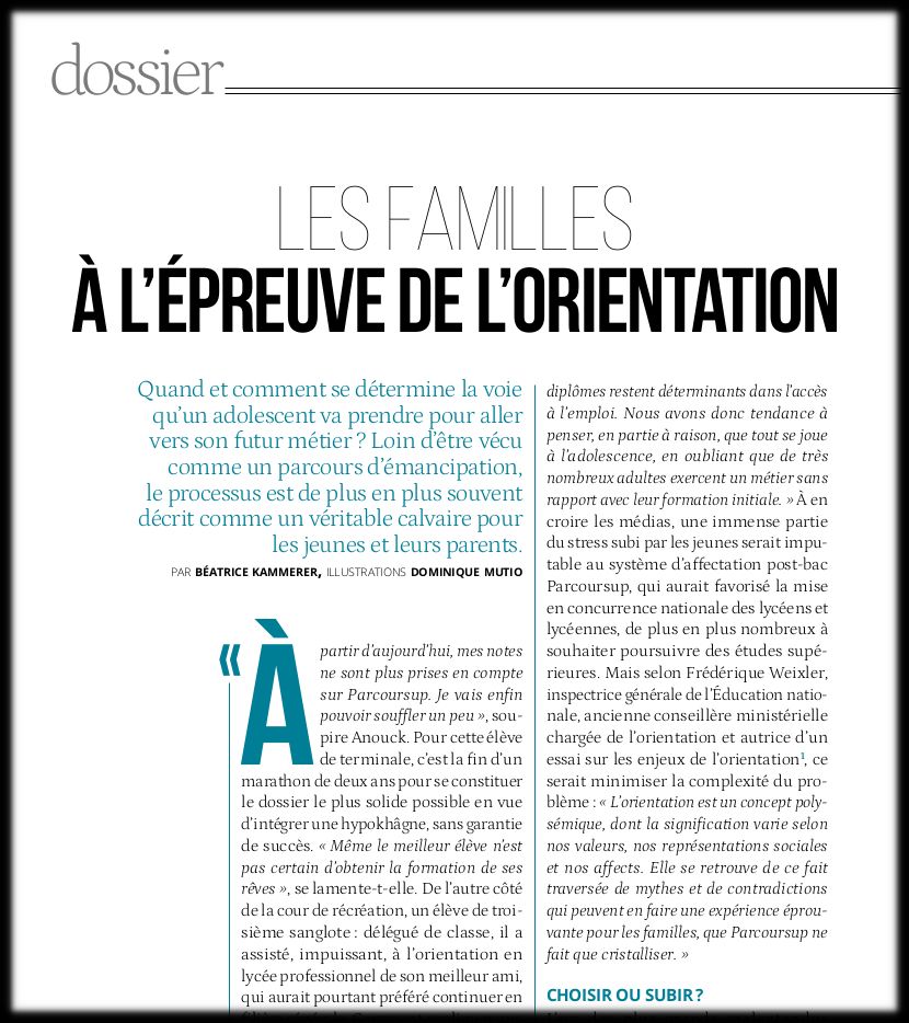 Extrait de la première page de l'article titré "Les familles à l'épreuve de l'orientation"