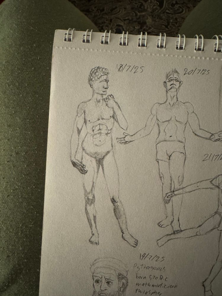 A traditional drawing of statue of David with its eyes missing and a few other miscellaneous drawings surrounding it