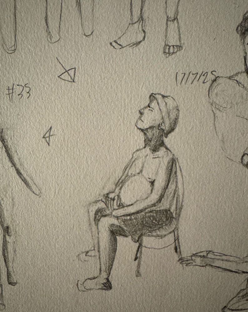Shaded traditional drawing of an old man sitting in the sun