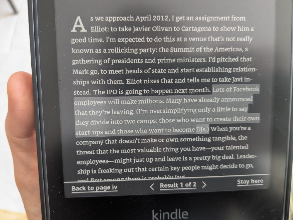 Quote reads "Lots of Facebook employees will make millions. Many have already announced that they're leaving. (I'm oversimplifying only a little to say they divide into two camps: those who want to create their own start-ups and those who want to become DJs.)