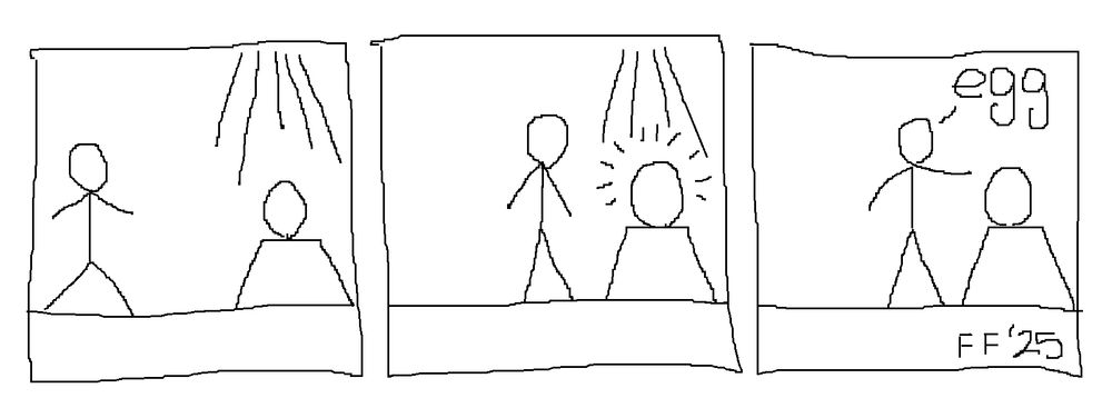 Three panel comic of a stick figure walking up to an egg and saying "egg"