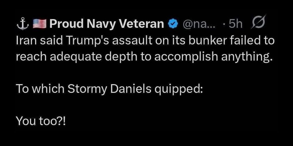 Proud Navy Veteran: "Iran said Trump's assault on its bunker failed to reach adequate depth to accomplish anything. To which Stormy Daniels quipped, "You too?!"