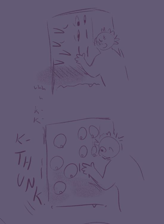 A sketchy drawing of Audrey from look outside being kissed by Sam. She looks started as a can audibly falls into her dispenser, though her mouth stays closed.