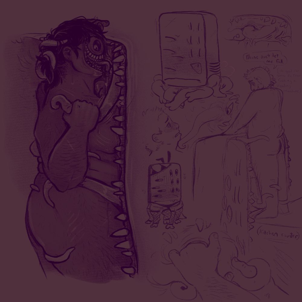 Several horny digital drawings of Look Outside, focusing on Audrey. The main one on the left features Hellen pressed up against her open door, licking at her while she pulls on a tentacle roughly. Some other doodles include Audrey touching herself, Sam standing on a counter to be able to reach to fuck her, Audrey trying to wear lingerie, and a closeup of Hellen's hands fingering her.