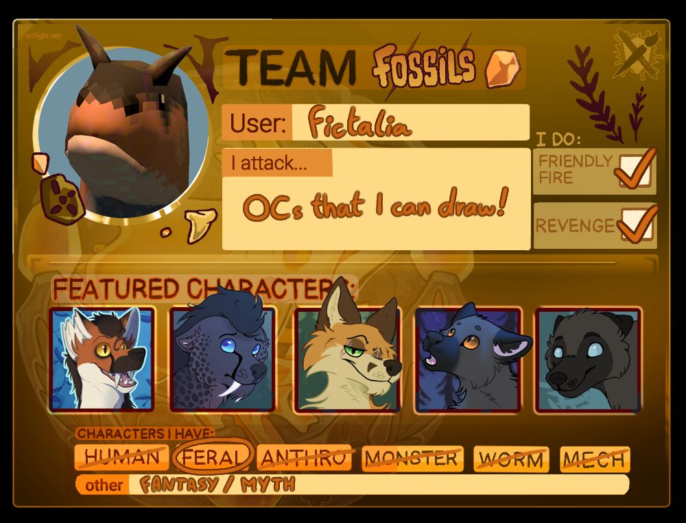 Team Fossils ID card for Art Fight, featuring my OC