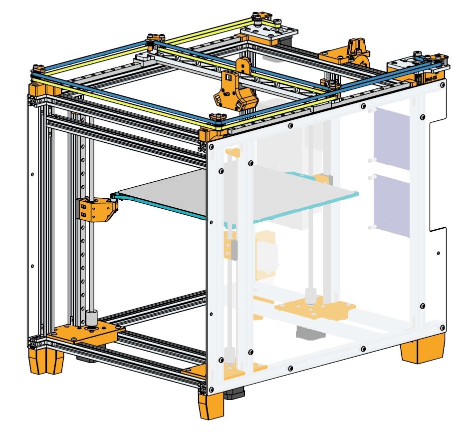 CAD view of the frame, the motion and the side panels. The printed parts are in orange and the rest in gray.
