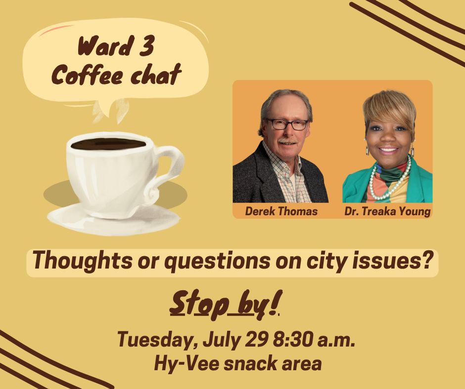A card showing council-members Derek Thomas and Dr. Treaka Young inviting our residents to come for a coffee chat.