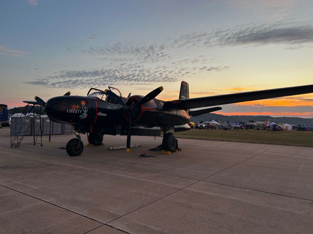 A sunrise shot of B-26 Lady Liberty on the ramp.