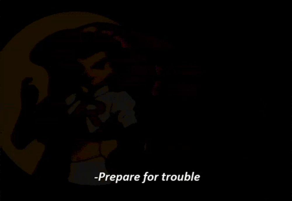 a cartoon character with red hair and a r on her shirt says " prepare for trouble and make it double "