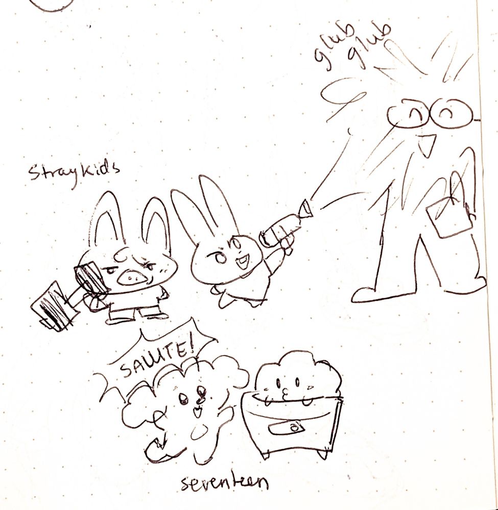 The top half of the drawing stand three characters; a pig-rabbit named Dwaekki holding a dumbbell, a rabbit named Leebit holding a water gun and spraying a stream of water at the third character. The third character is me, giving a thumbs up with the text "glub glub" next to where i am getting sprayed in the face.

The bottom half of the drawing has two characters. On the left is a dog named Doa, posed joyfully while yelling "SALUTE!" (the Italian equivalent for "cheers!"). On the right is a small puffy cloud named Ppyopuli, sitting inside a rice cooker and looking at Doa inquisitively.