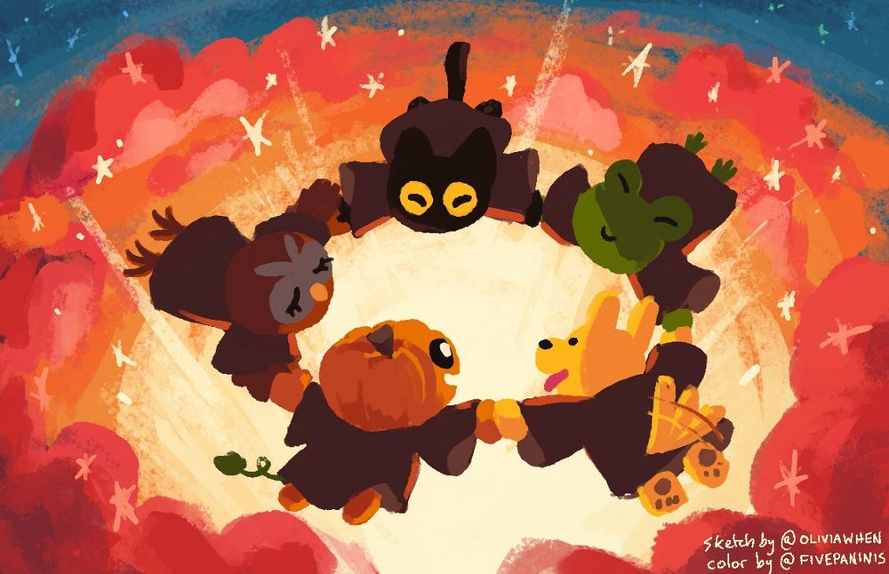 Five anthropomorphic characters excitedly hold hands to form a ring while floating in the sky. The cerulean starry sky wanes as dawn blossoms, starts and sparkles bursting forth. The five characters are a black cat, a frog, a yellow puppy, a pumpkin, and an owl.