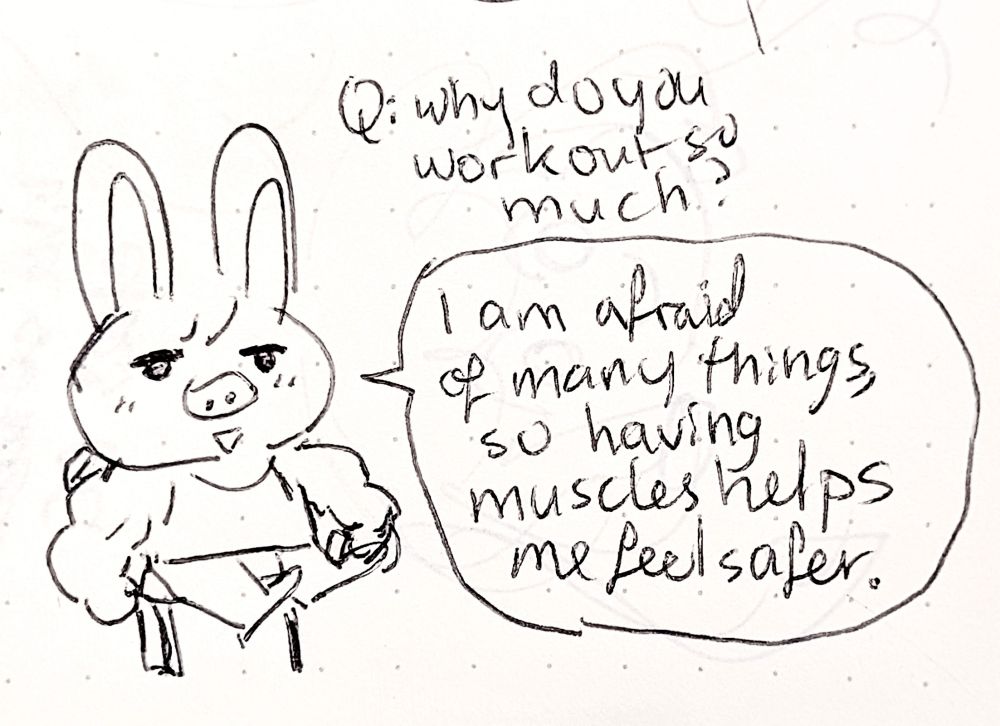 The left side is a drawing of a pig-rabbit named Dwaekki, with big muscular arms, sitting on a chair. The left has text, which reads:

[Question]: why do you work out so much? 
Answered by Dwaekki: I am afraid of many things, so having muscles helps me feel safer.
