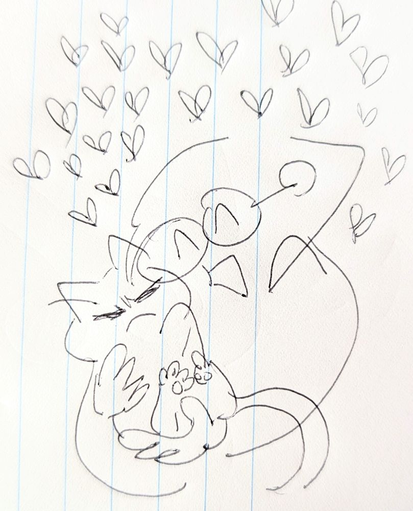 Drawing of me, exuberantly happy with hearts abound, holding and cuddling a disgruntled cat.