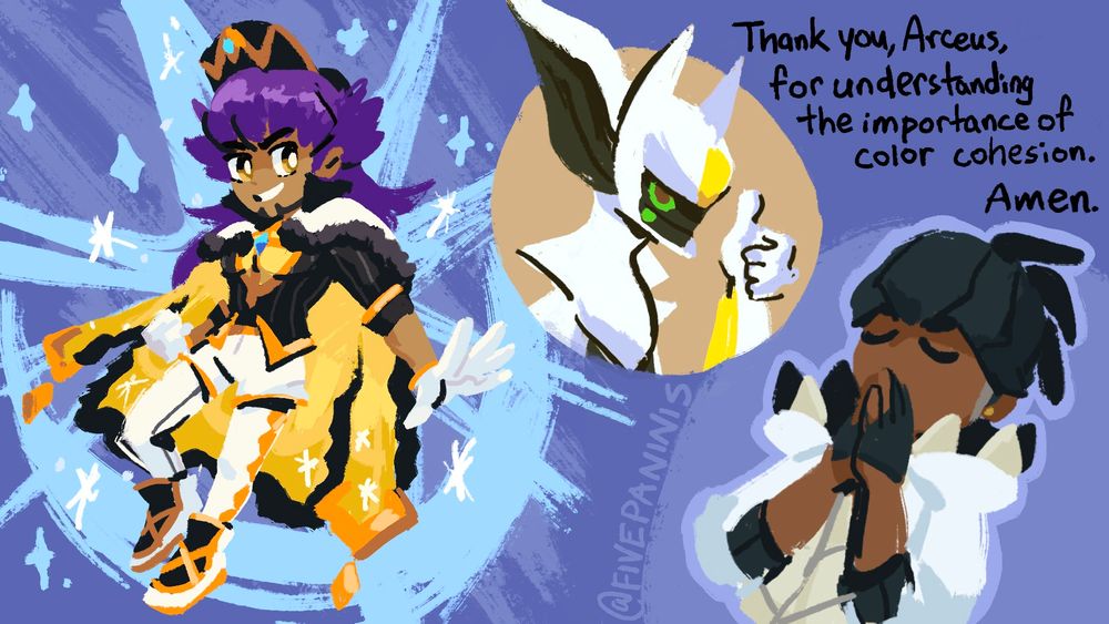 On the left is Leon, wearing a powered up version of his champion attire with a color palette of white, black, and gold. He is shimmering as he strikes a pose. For context, this is an outfit given by Arceus, Pokemon's equivalent to god.

On the right is a close-up of Raihan who is praying. The text above him reads, "Thank you, Arceus, for understanding the importance of color cohesion. Amen." In the middle is a headshot of Arceus, who is giving a thumbs up to Raihan.
