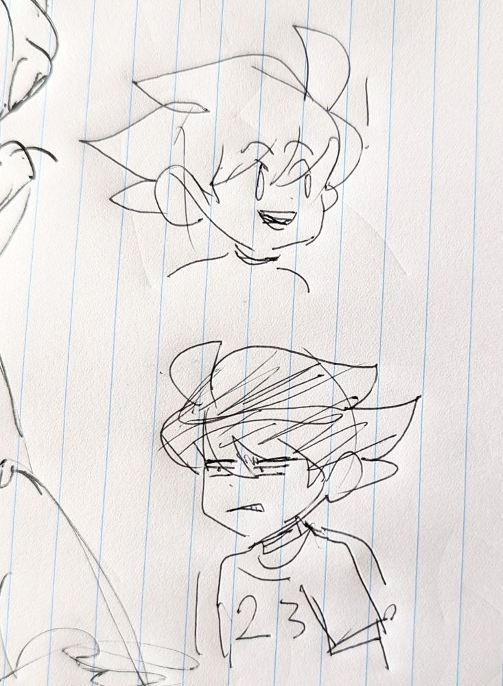 Two drawings of MegaMan in his casual form. (It's an excuse to draw him with his swoopy hair.) In one of the drawings, he is happily smiling. In the other, he looks grumpy and annoyed.