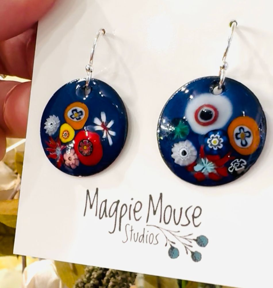 Enamel jewelry made in a workshop at Magpie Mouse Studios