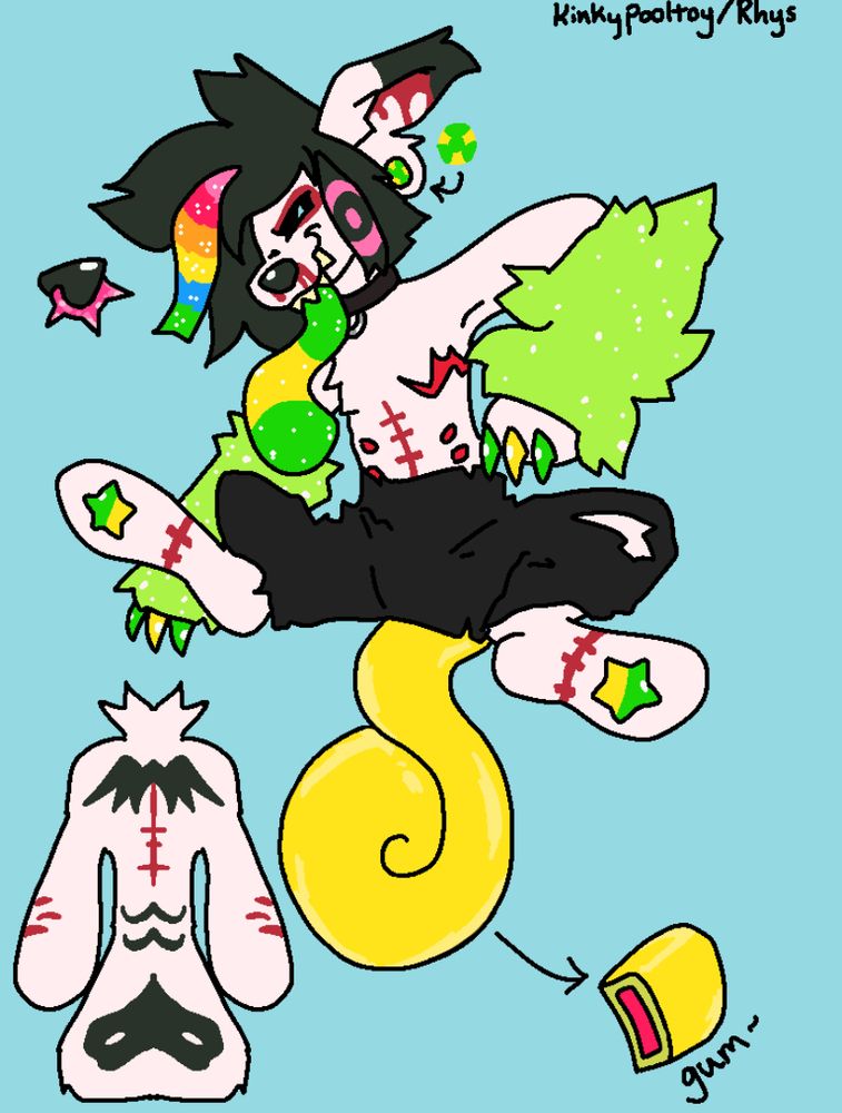 Reference sheet showing a white sparkledog with black and red markings. He has top surgery scars and belly nipples, a long curled tail made of yellow gum with red filling and a sour gummy worm tongue. Has black, long hair with a long rainbow tuft and one pink and black tuft. His ear gauges are a yellow and green nuclear symbol. He wears a hot pink, spiked nose ring. He has ripped shorts on and sparkly bright green arm warmers. 
