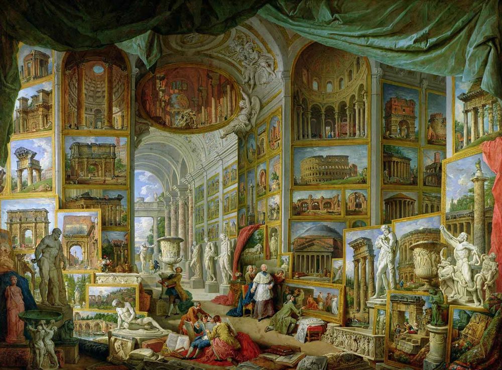 once more another painting by Giovanni Paolo Panini in which he arrogantly has painted 30+ slightly smaller paintings within a similar but not the same very large room with vaulted ceilings, however this one appears to have a small amount of exterior visible. It could also just be another wall, painted within the painting to look like an exterior. 