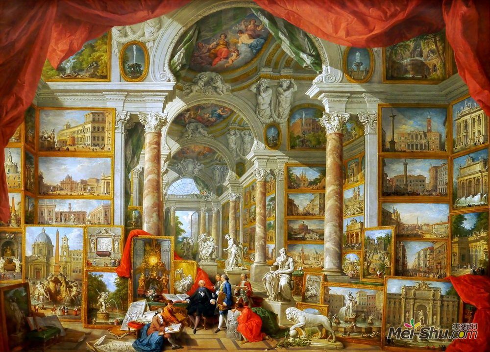 a painting by Giovanni Paolo Panini in which he arrogantly has painted 30+ slightly smaller paintings within a very large room with vaulted ceilings.