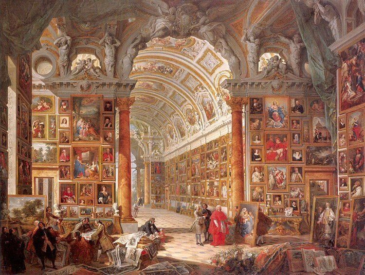 another painting by Giovanni Paolo Panini in which he arrogantly has painted 30+ slightly smaller paintings within a similar but not the same very large room with vaulted ceilings.