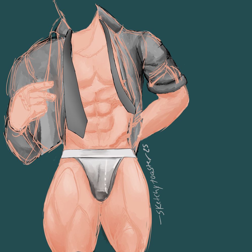 half finished drawing of a half undressed man. 