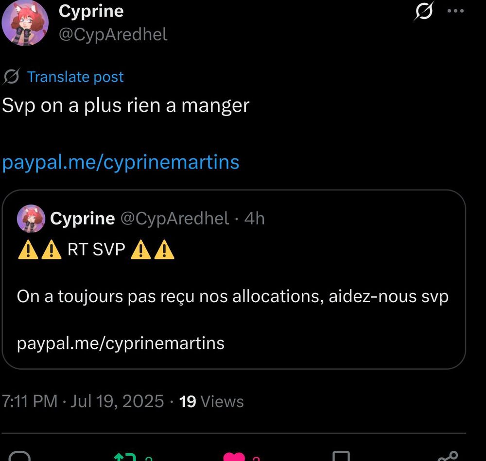 Il est écrit sous le nom de cyprine: "Svp on a plus rien à manger"