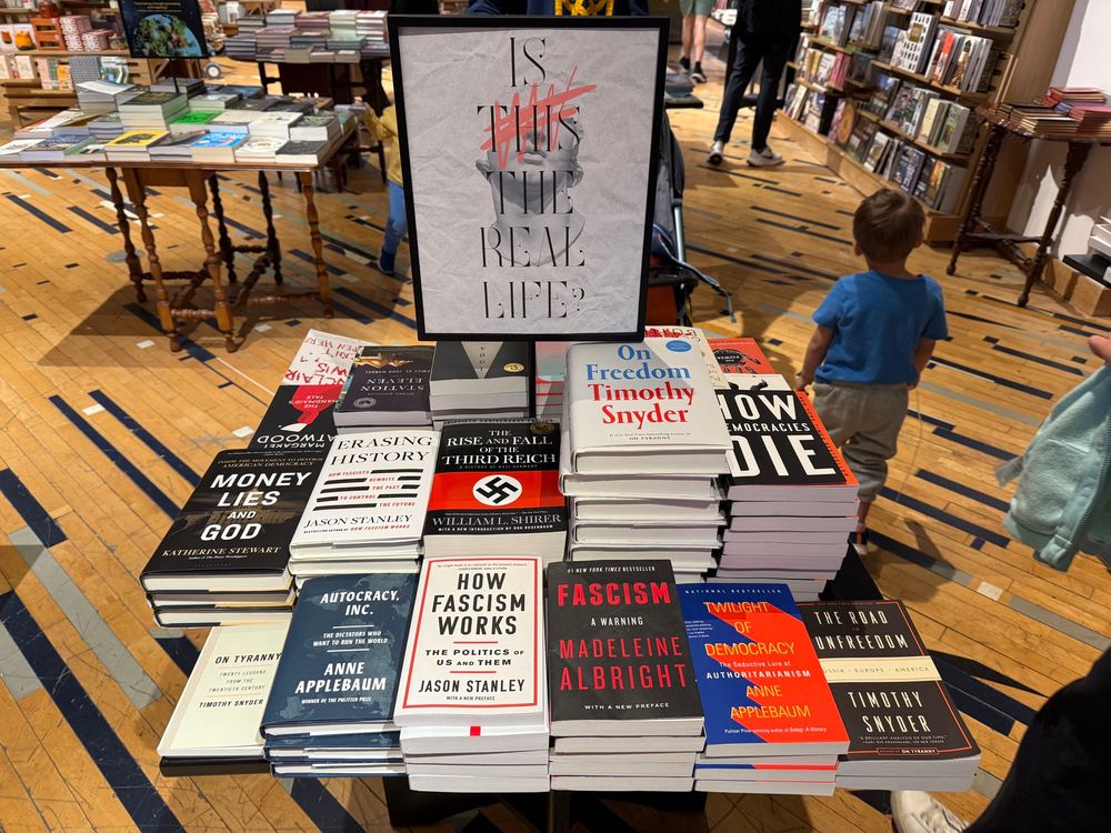 Sign: IS THIS THE REAL LIFE? 

Books include: Erasing History, Autocracy, Inc, Fascism: A Warning, How Democracies Die
