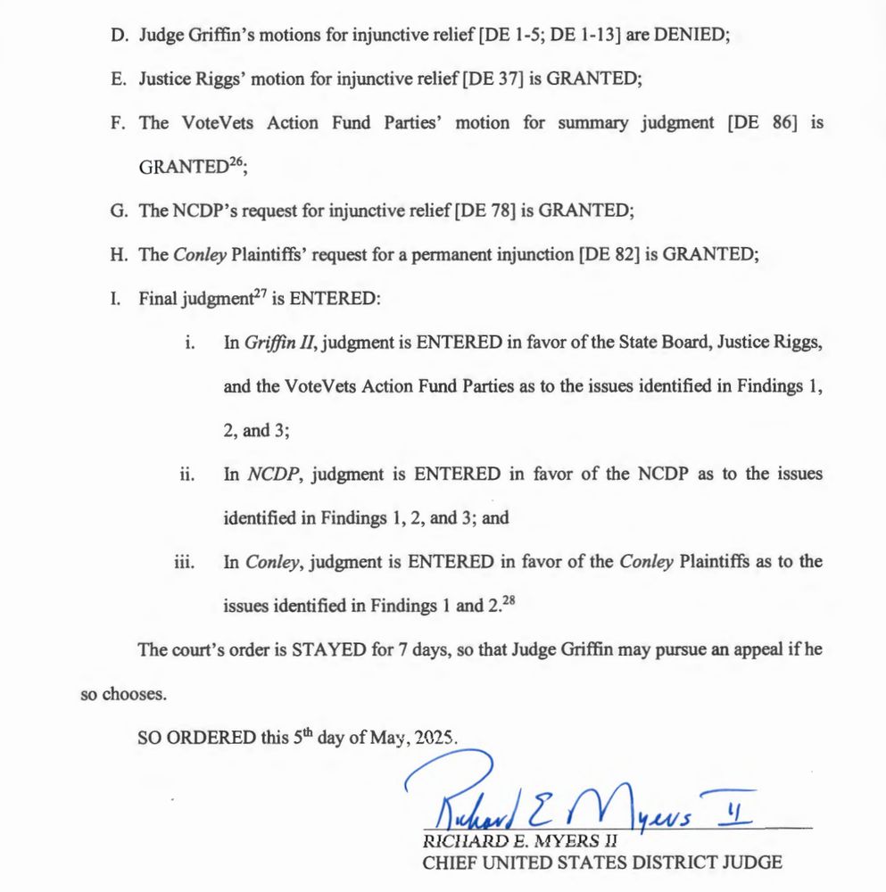 D. Judge Griffin's motions for injunctive relief [DE 1-5; DE 1-13] are DENIED;
E. Justice Riggs' motion for injunctive relief [DE 37] is GRANTED;
F. The VoteVets Action Fund Parties' motion for summary judgment [DE 86] is
GRANTED 6,
G. The NCDP's request for injunctive relief [DE 78] is GRANTED;
H. The Conley Plaintiffs' request for a permanent injunction [DE 82] is GRANTED;
I. Final judgment is ENTERED:
In Griffin Il, judgment is ENTERED in favor of the State Board, Justice Riggs, and the VoteVets Action Fund Parties as to the issues identified in Findings 1, 2, and 3;
ii. In NCDP, judgment is ENTERED in favor of the NCDP as to the issues
identified in Findings 1, 2, and 3; and
iii. In Conley, judgment is ENTERED in favor of the Conley Plaintiffs as to the
issues identified in Findings 1 and 2.28
The court's order is STAYED for 7 days, so that Judge Griffin may pursue an appeal if he
so chooses.
SO ORDERED this 5th day of May, 2025.
PaulIMin
RICHARD E. MYERS II
CHIEF UNITED STATES DISTRICT JUDGE