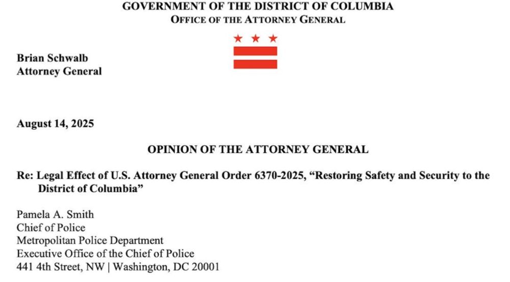 A.G. Schwalb told D.C. police chief that Bondi's order — purporting to make the DEA administrator D.C.'s "Emergency Police Commissioner" — is "unlawful."
