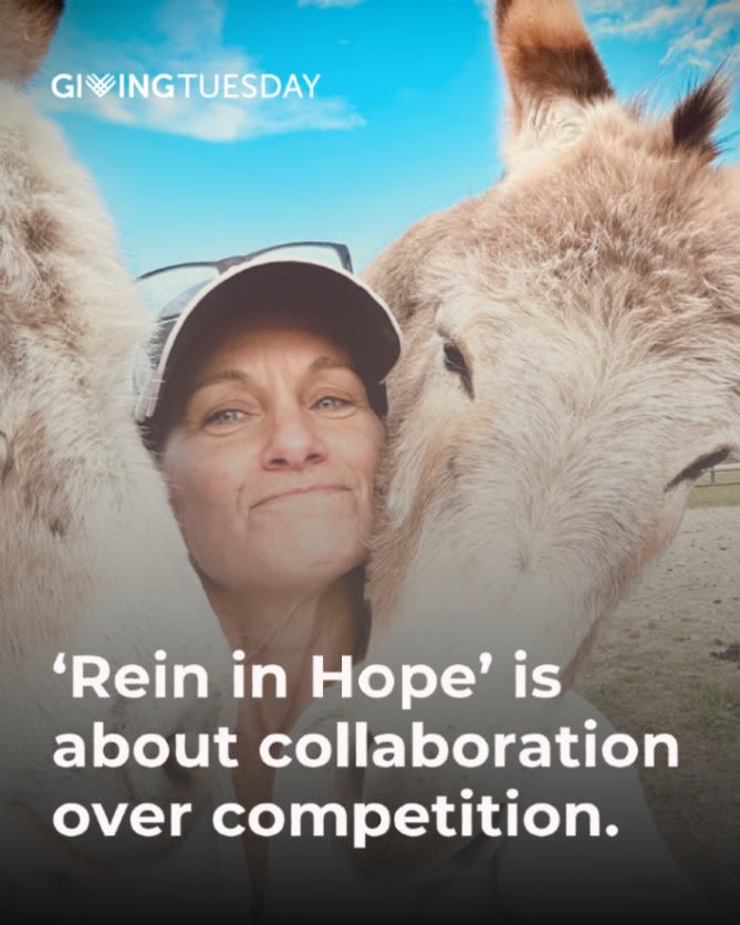 Woman smiling with two donkeys, under the text "Rein in Hope is about collaboration over competition" and the Giving Tuesday logo.