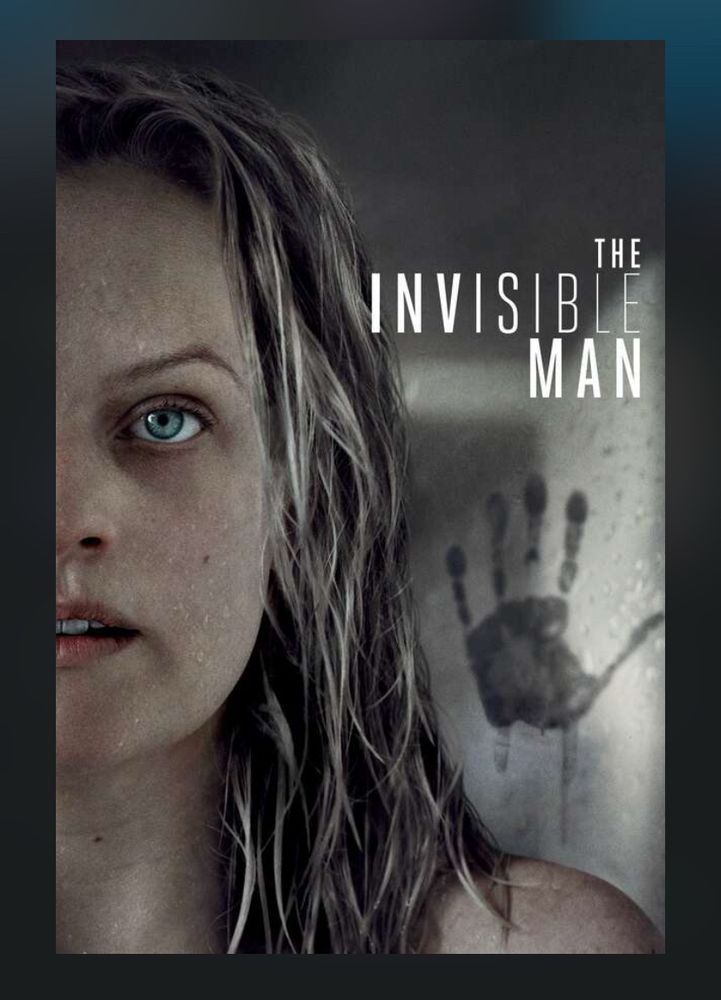 Half a blonde woman’s face with a black handprint hovering over her shoulder