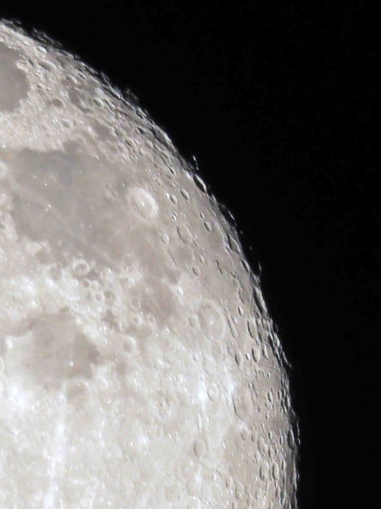 Detail of the top/right of the waning gibbous moon. Moon is very pale. Craters are seen throughout but clearer near the edge of the shadow line. 