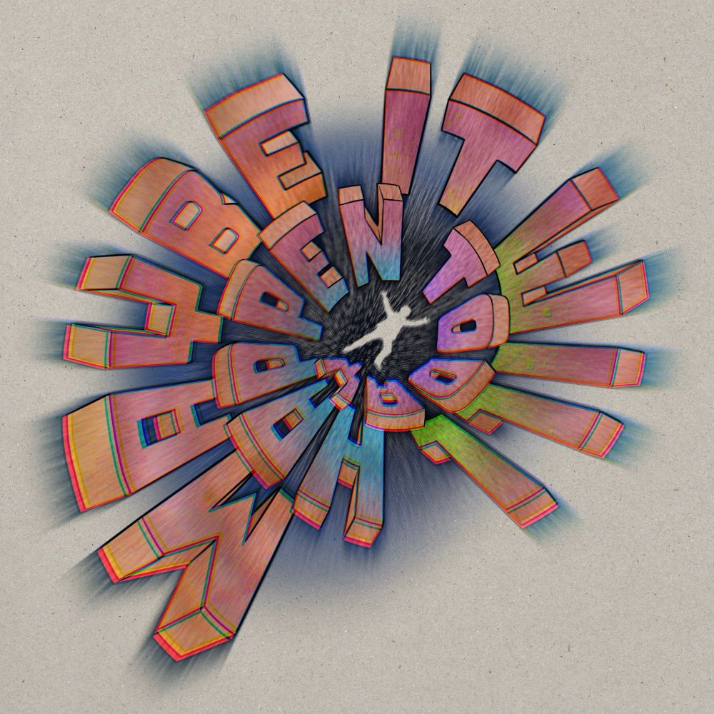 A spiral of dimensional block letters diminishing toward a vanishing point in one-point perspective into a void within which is a negative silhouette of a falling human form. The letters read ‘Maybe it will happen today’. 